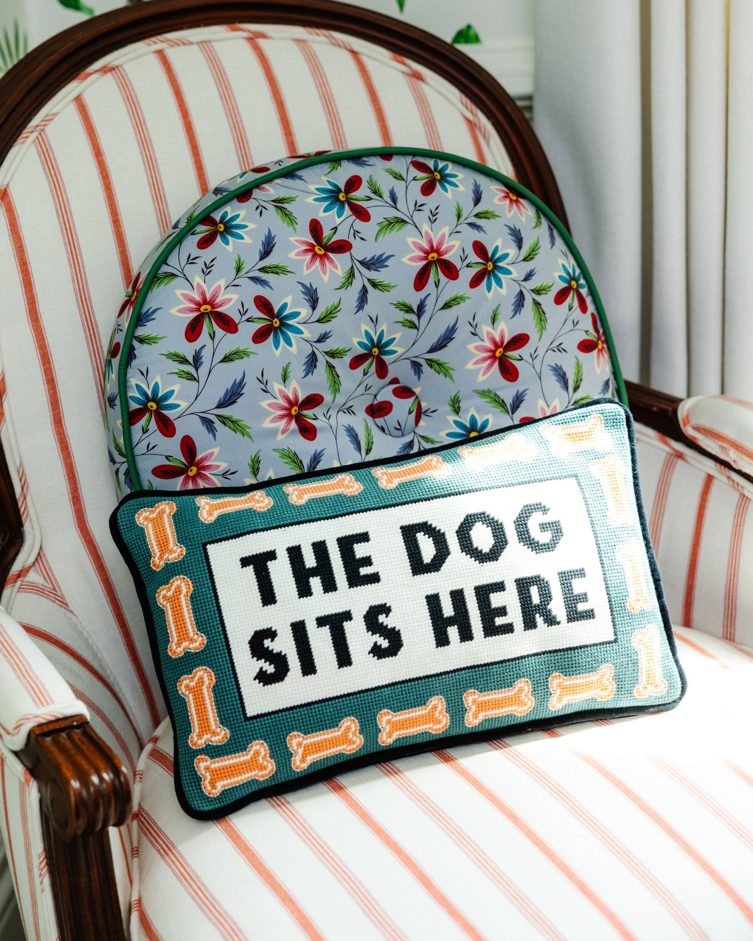 Dog Sits Here Needlepoint Pillow