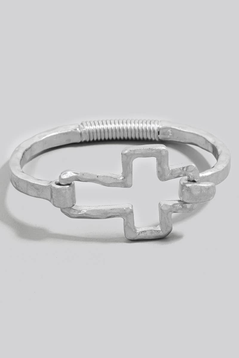 Hammered Cross Coil Spring Hook Bangle Bracelet