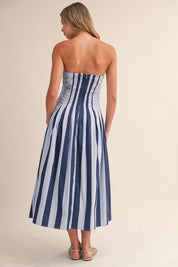Blue Strapless Striped Midi Dress