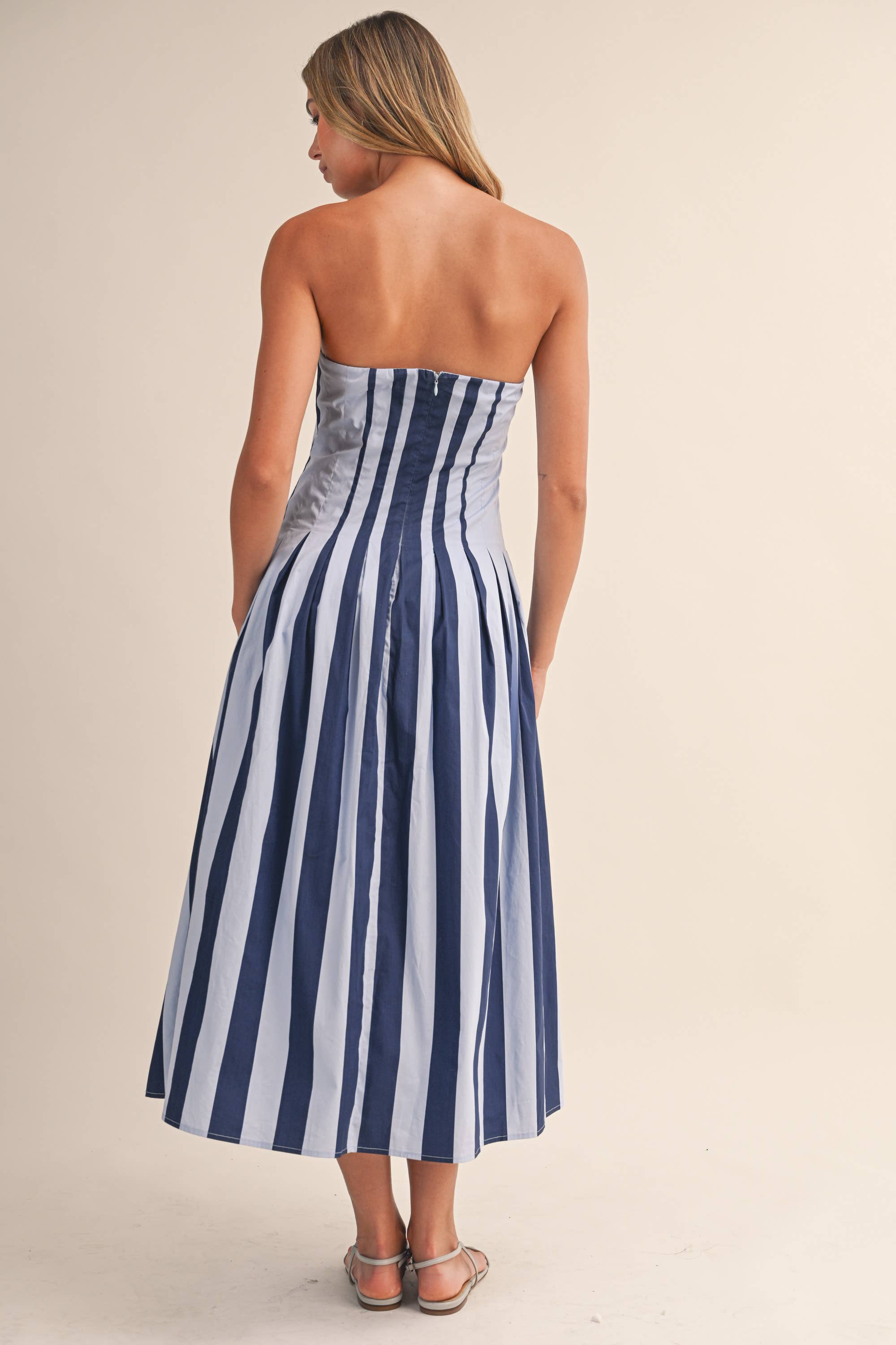 Blue Strapless Striped Midi Dress