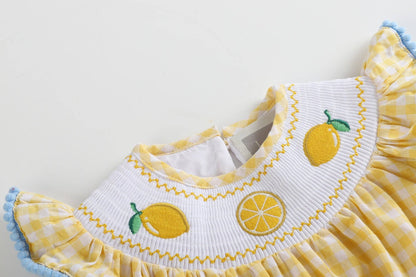 Yellow Gingham Lemon Smocked Flutter Baby