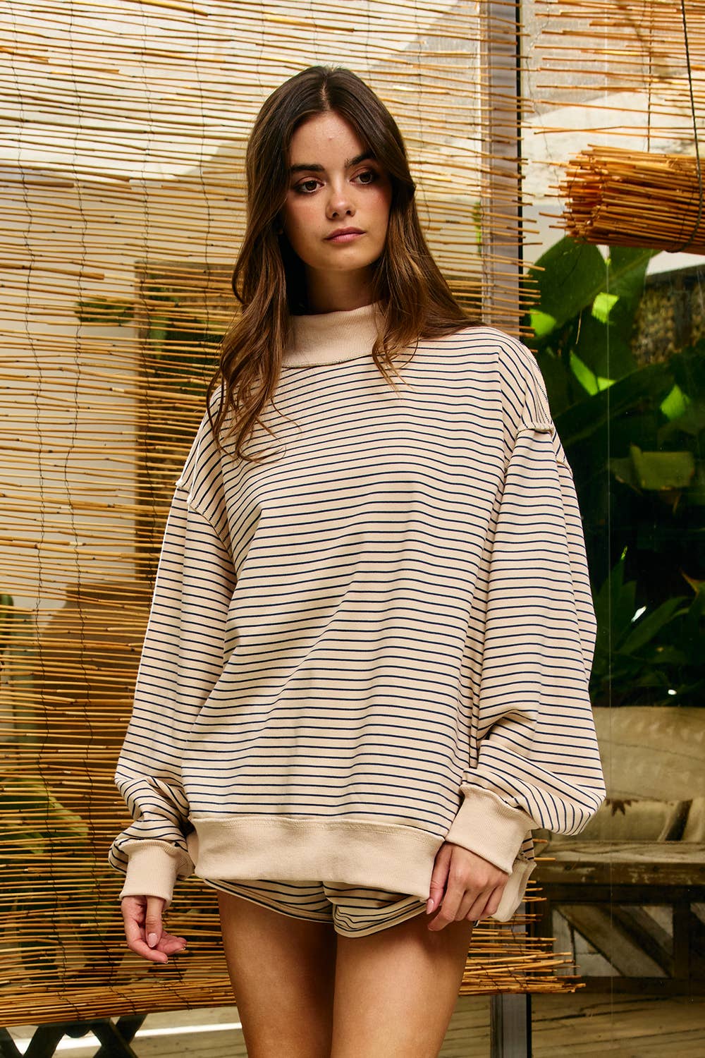 Cream Striped MockNeck Sweatshirt