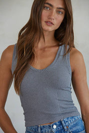 Gray Seamless Ribbed V-Neck Tank