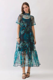 Green Sheer Floral Overlay Maxi Dress