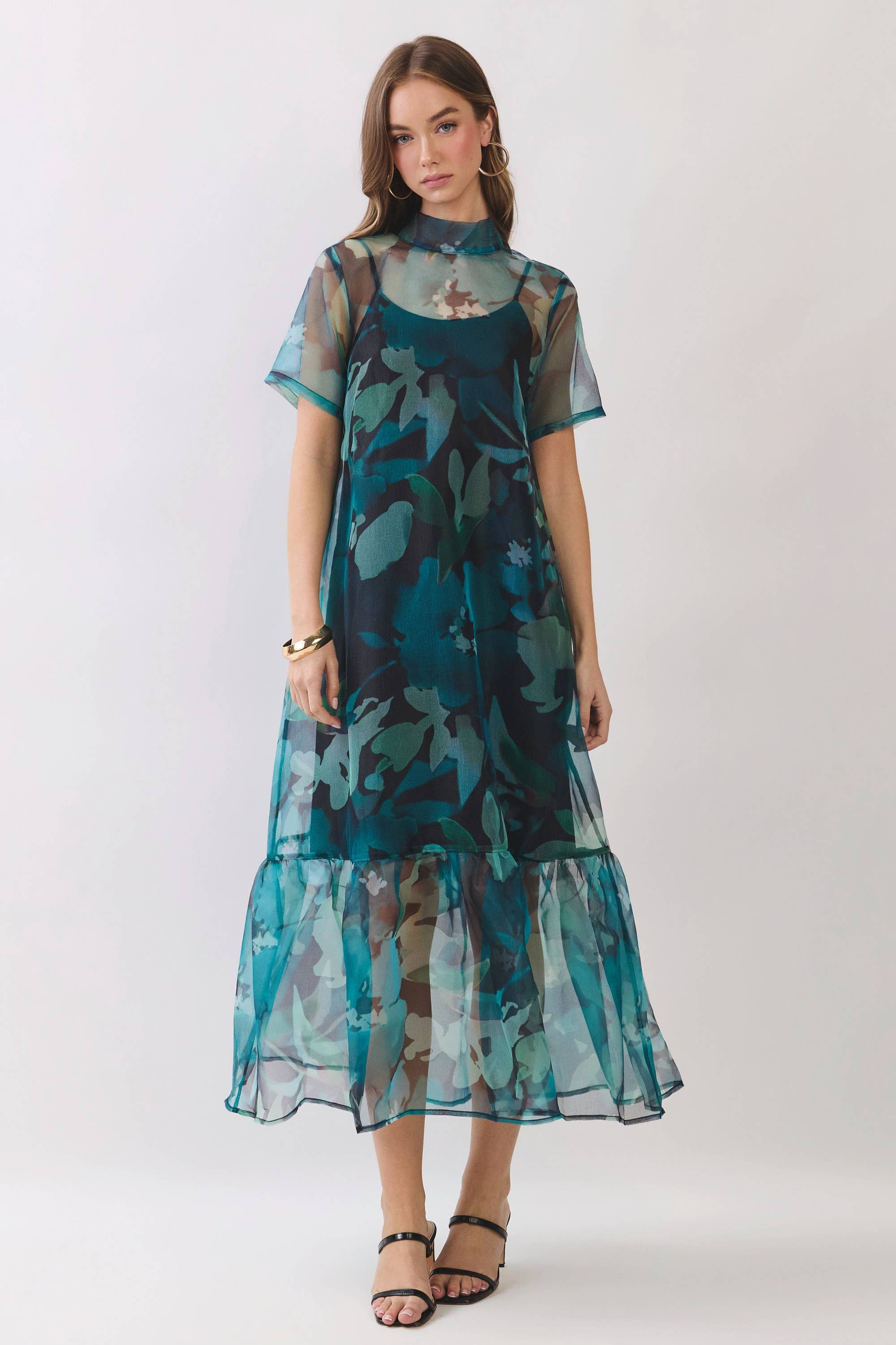 Green Sheer Floral Overlay Maxi Dress