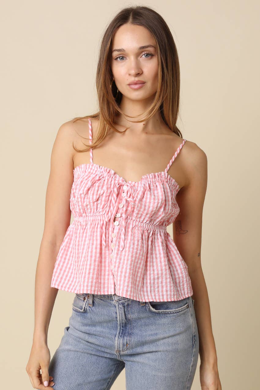 Pink Button-Front Peplum Cami Top