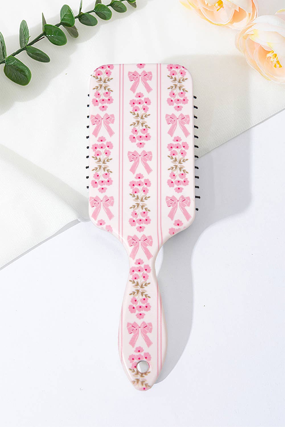 Pink Bow & Floral Paddle Hair Brush