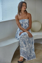 Blue Floral Strapless Midi Dress