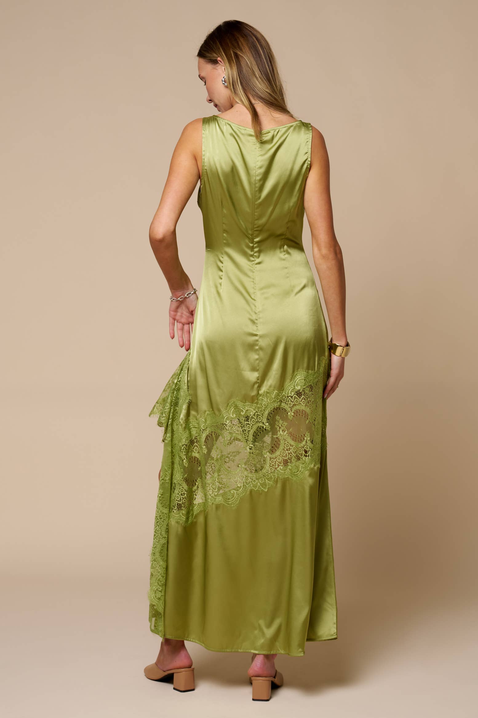 Green Lace Trim Slit Maxi Dress