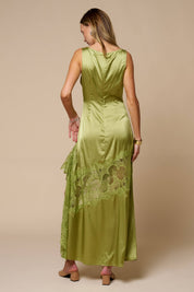Green Lace Trim Slit Maxi Dress