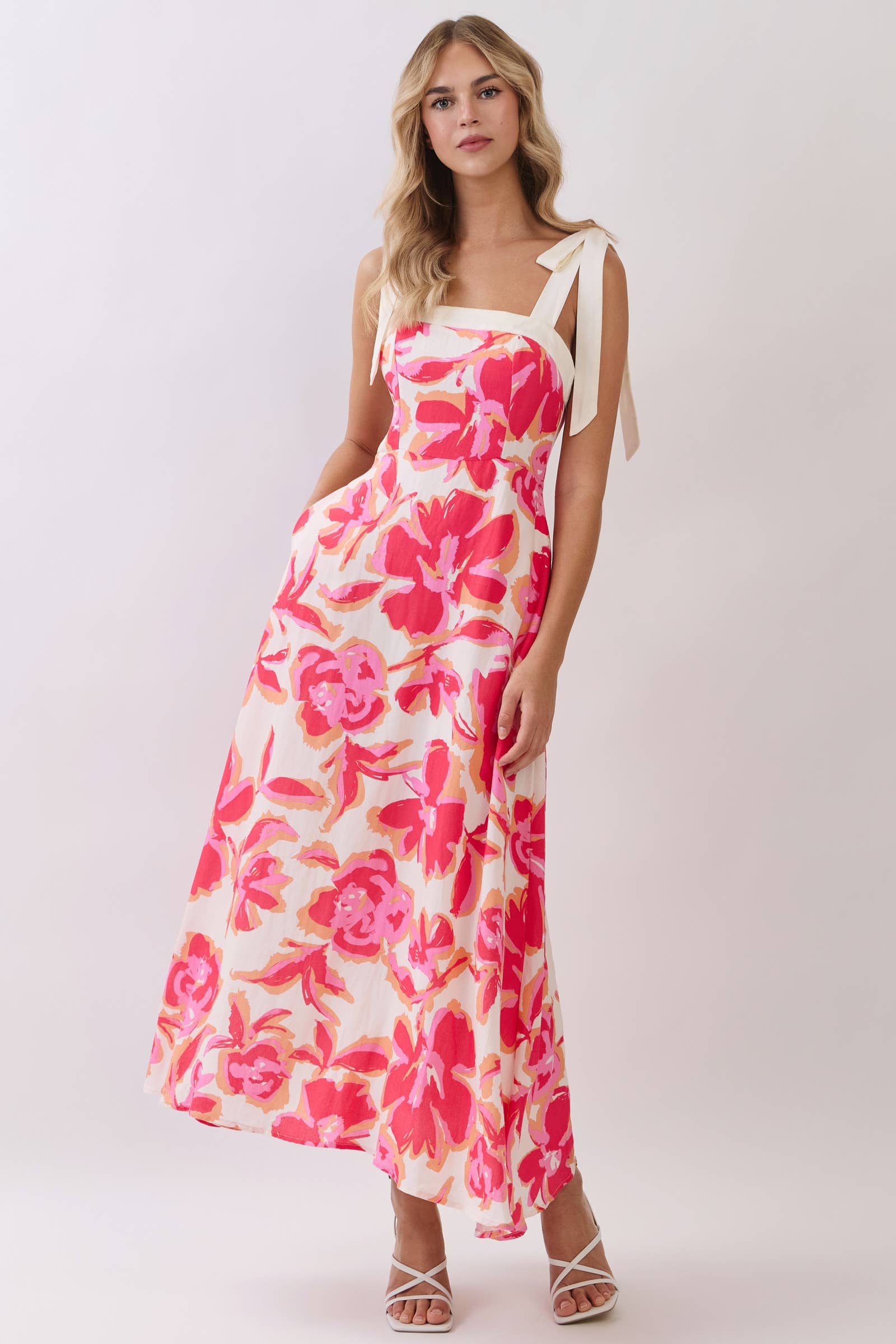Hot Pink Floral Tie Maxi Dress