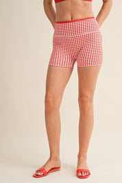 Red Gingham Layered Biker Shorts