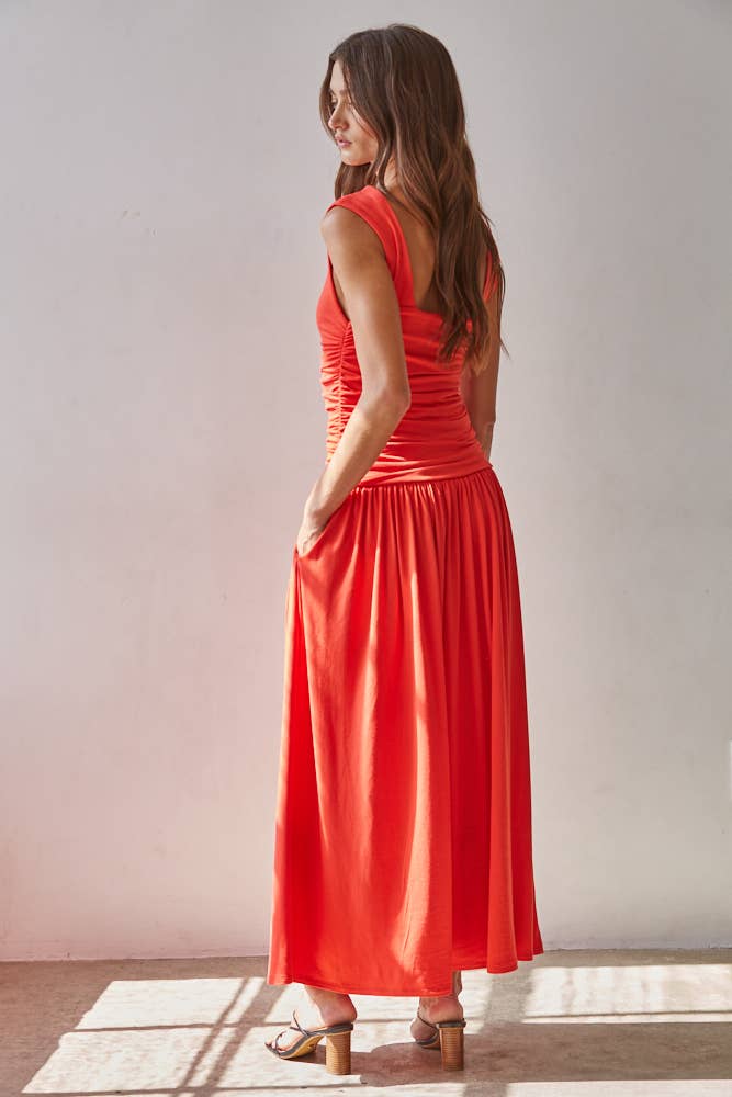 Red Ruched Side Sleeveless Dress
