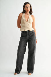 Black High Rise Full Length Wide Leg showing distressed detailing