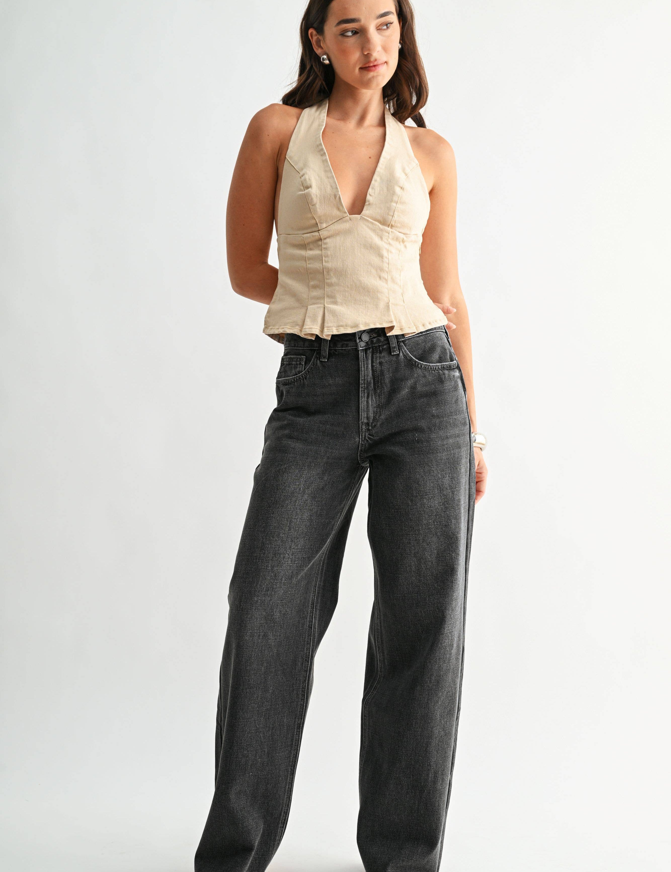 Black High Rise Full Length Wide Leg showing distressed detailing