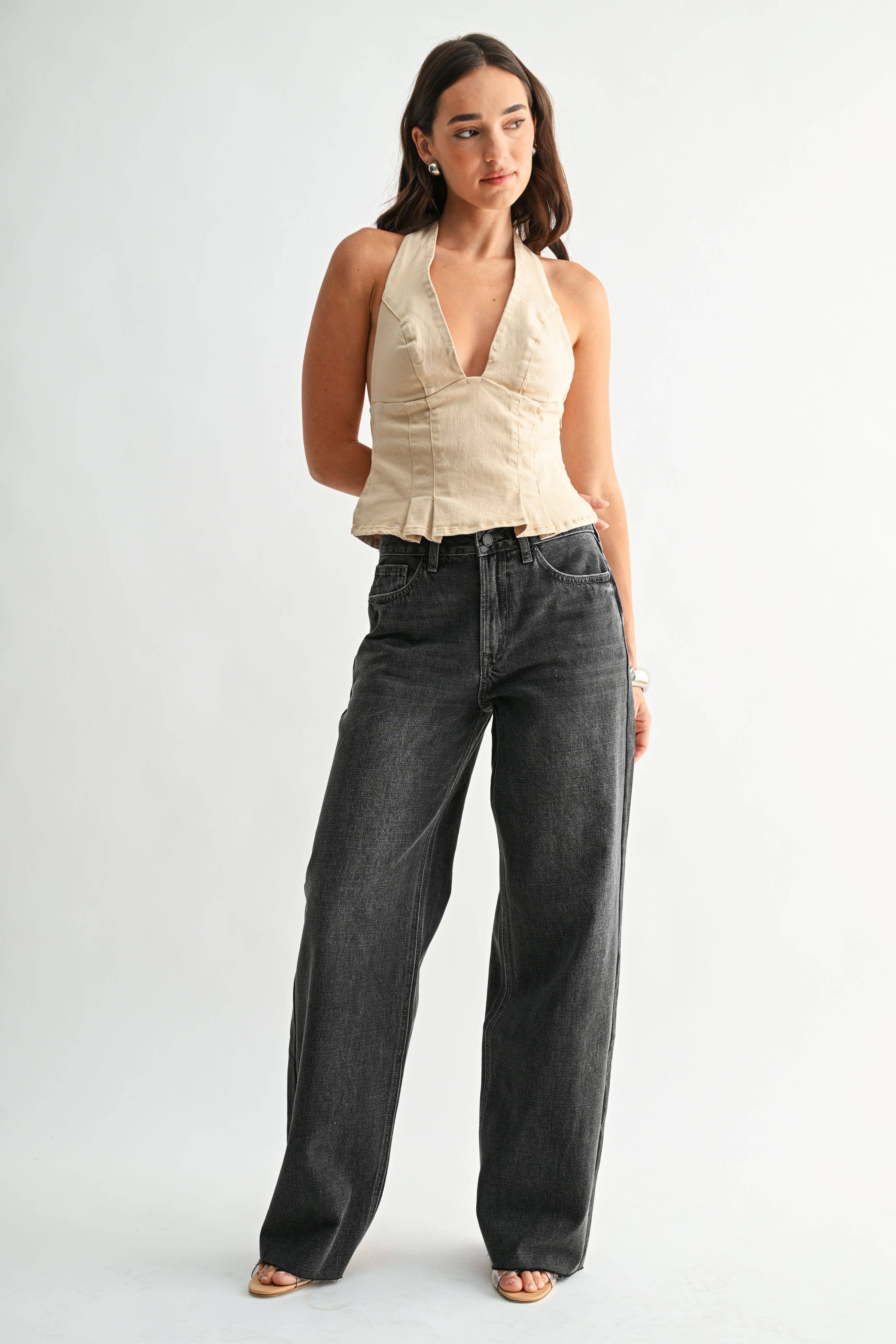 Black High Rise Full Length Wide Leg showing distressed detailing