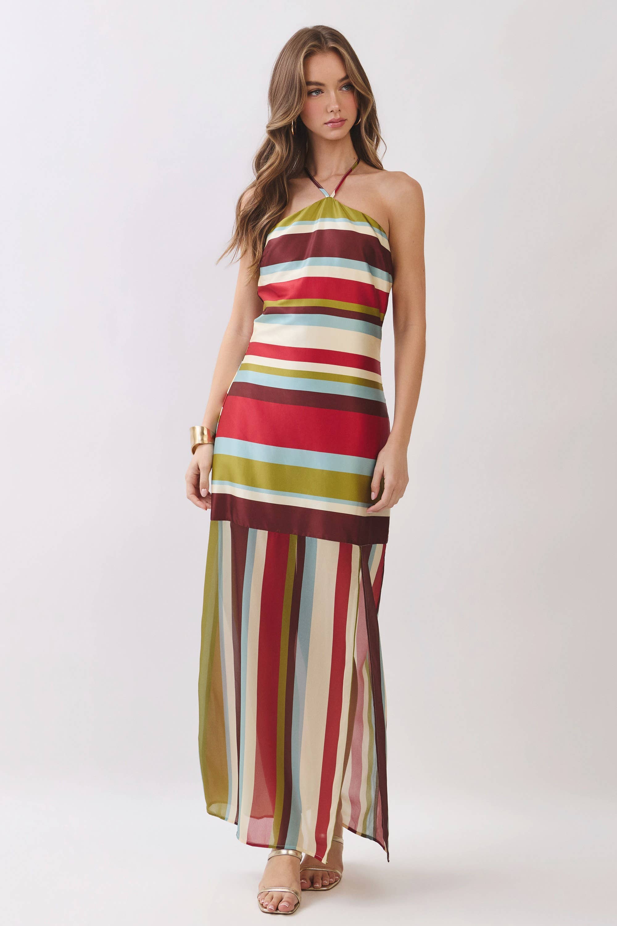 Multicolor Striped Halter Maxi Dress