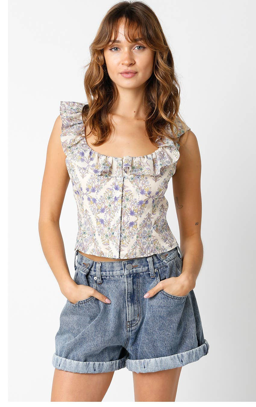 Cream Floral Ruffle Top