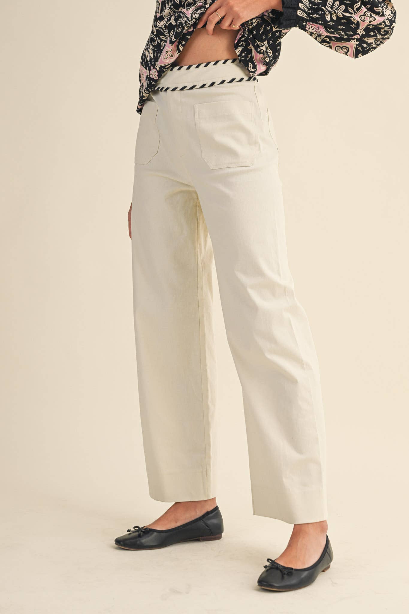Ecru High Waist Wide Leg Pants