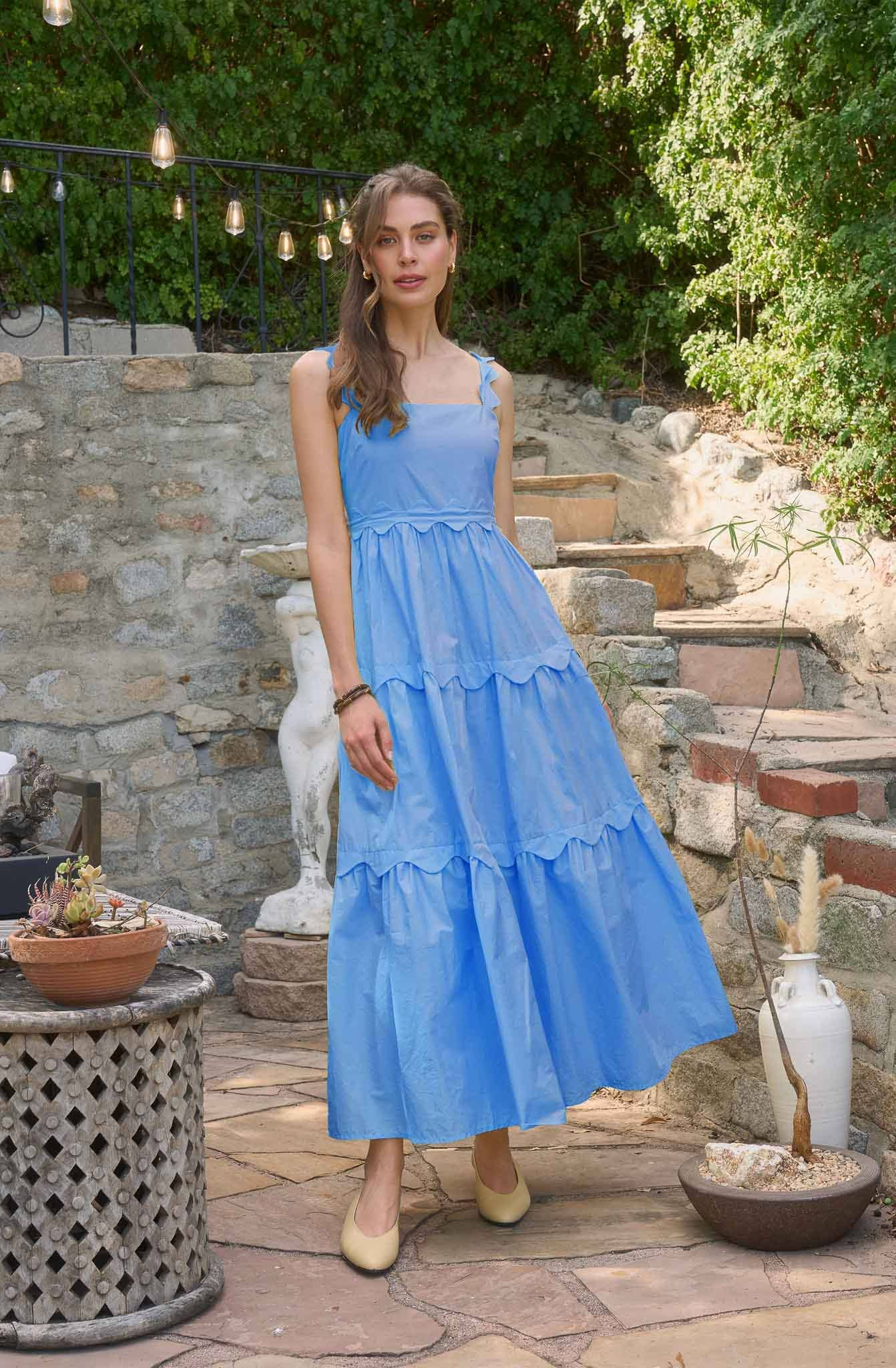 Blue Scallop Midi Dress