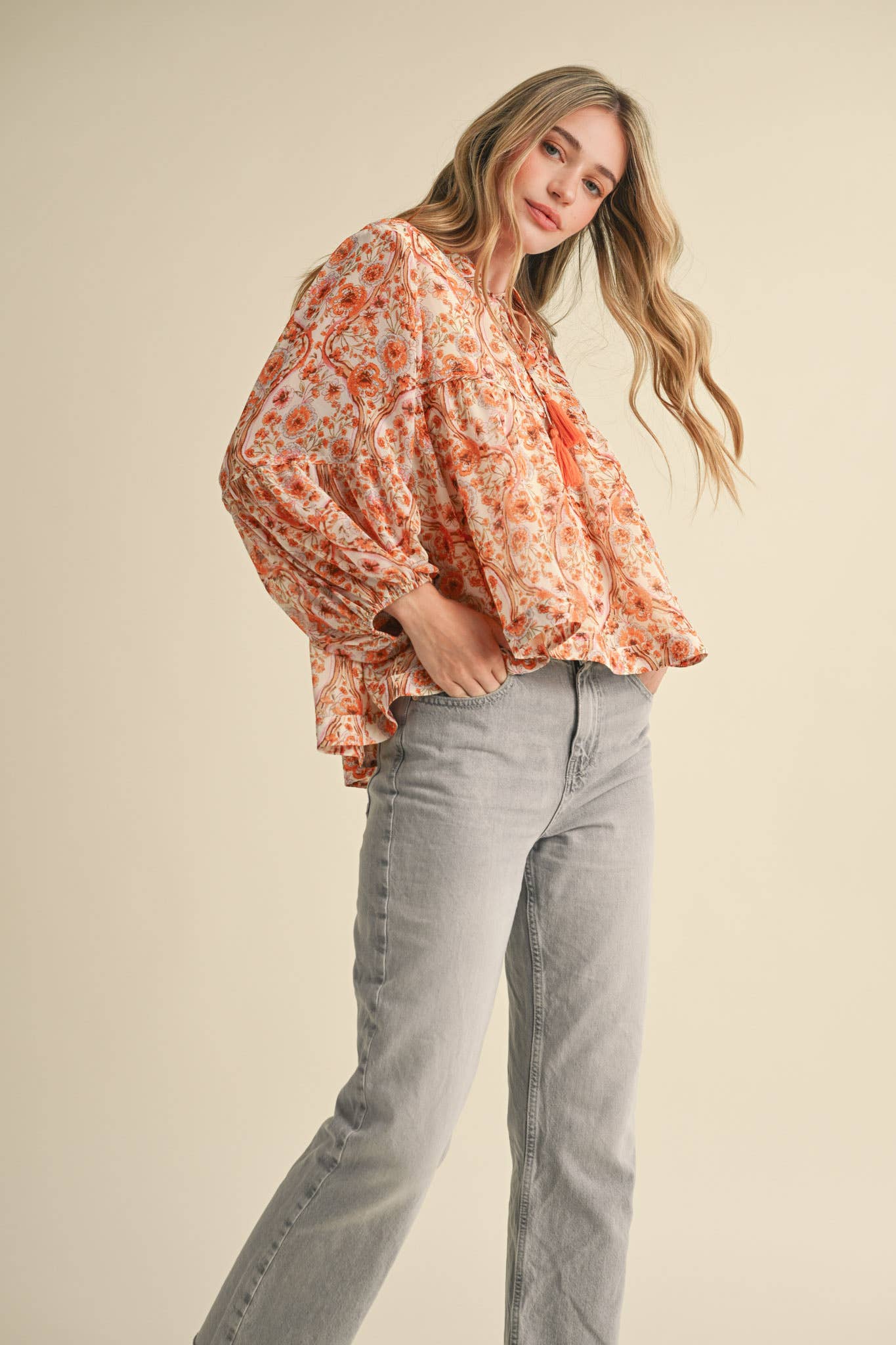 Cream & Orange Print Collared Top