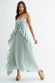 Mint Green Chiffon Maxi Dress with Floral Embroidery
