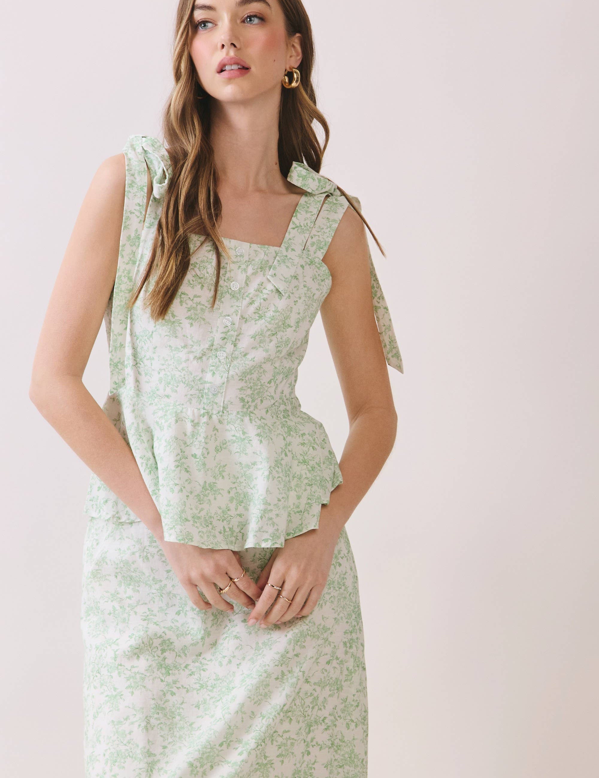 Green Floral Print Shoulder Tie Top