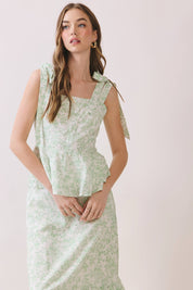 Green Floral Print Shoulder Tie Top