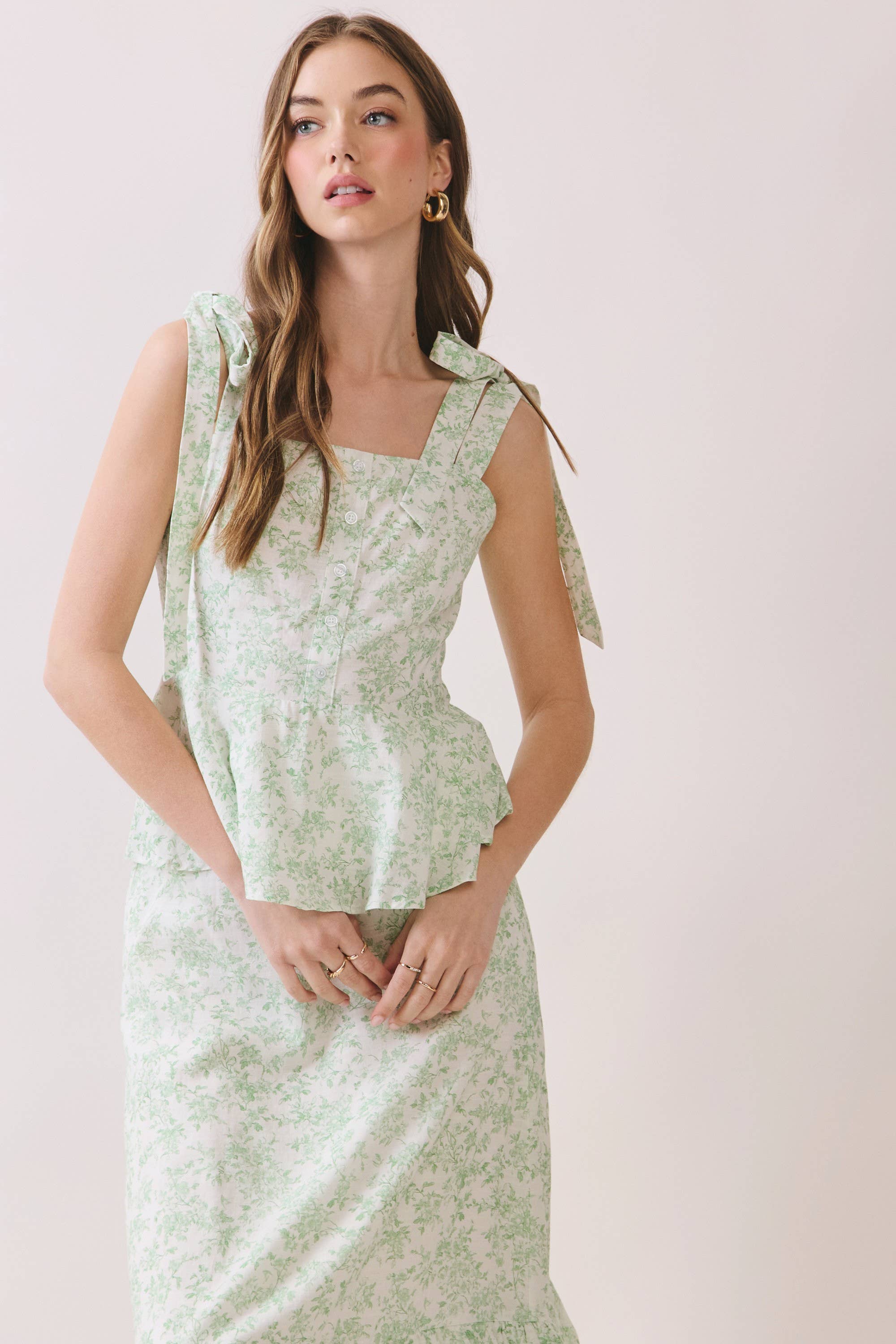 Green Floral Print Shoulder Tie Top