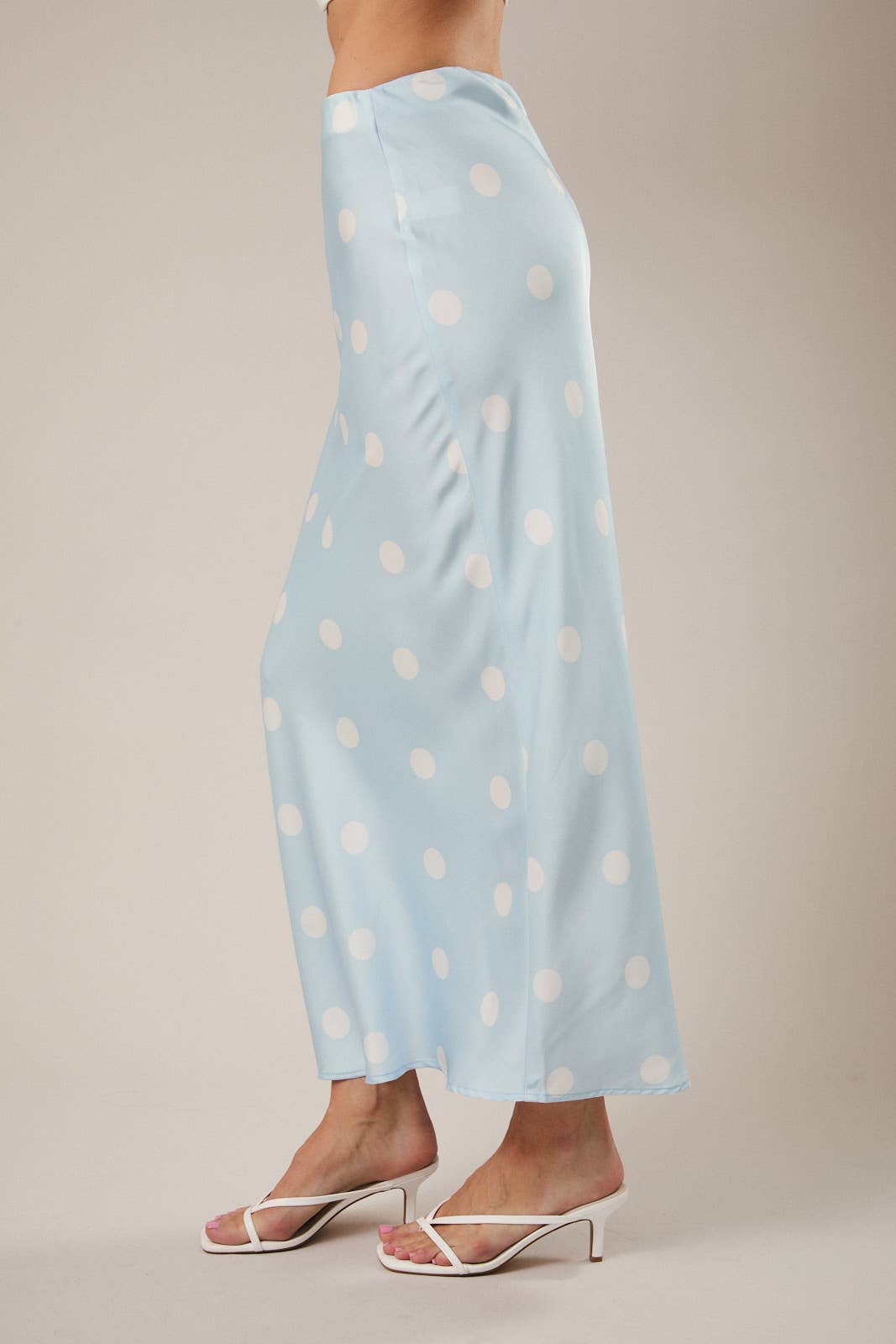 Light Blue Polka Dot Satin Midi Skirt