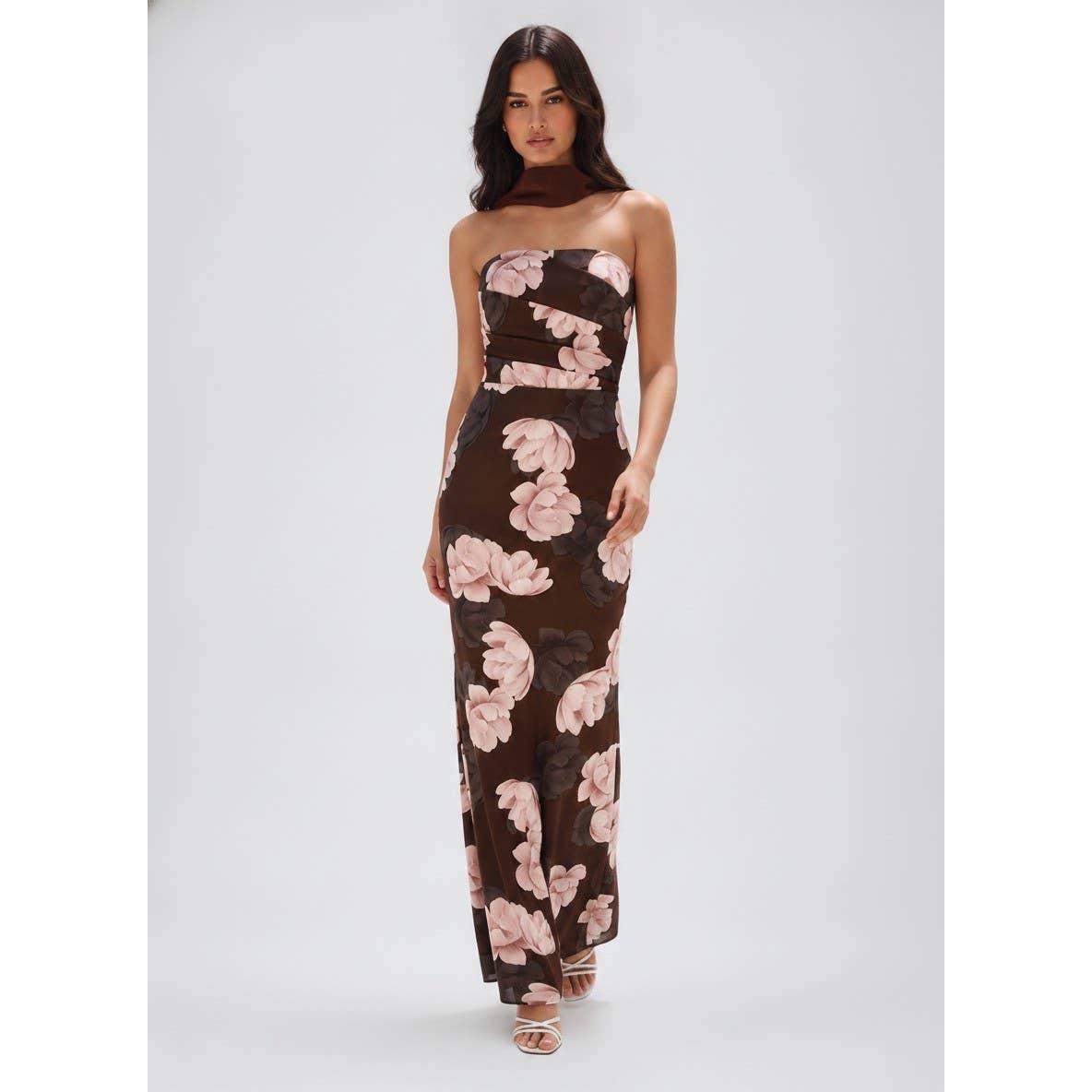 Brown Floral Mermaid Maxi Dress showing color: brown