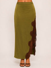 Green Lace Trim Skirt Set showing maxi skirt