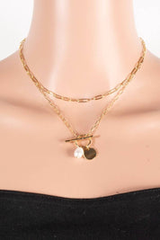 Paperclip Toggle Chain Disc Pearl Necklace
