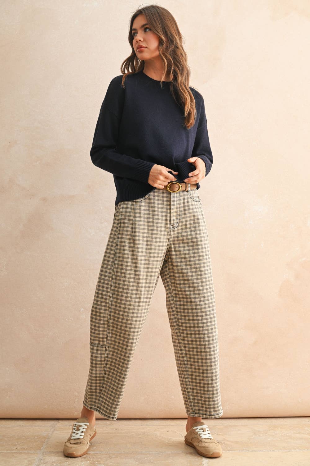 Beige Checker Pattern Barrel Pants