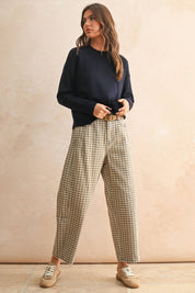 Beige Checker Pattern Barrel Pants