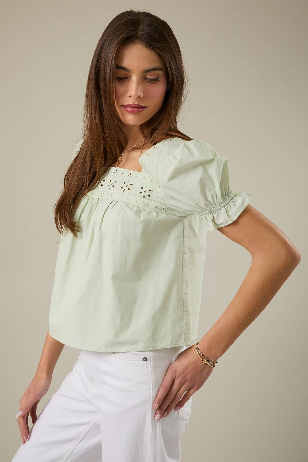 Green Square Neck Eyelet Blouse