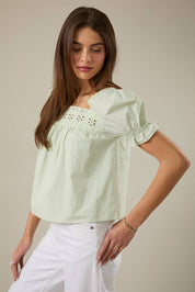 Green Square Neck Eyelet Blouse