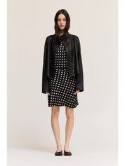Black Collar Snap Button Leather Jacket — zipper and button closure and high collared