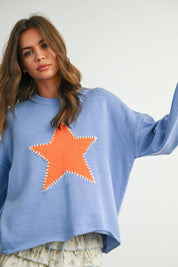Blue Drop Shoulder Star Pattern Sweater