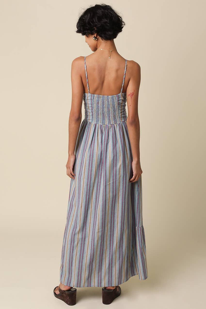 Blue Striped Beaded Maxi Dress
