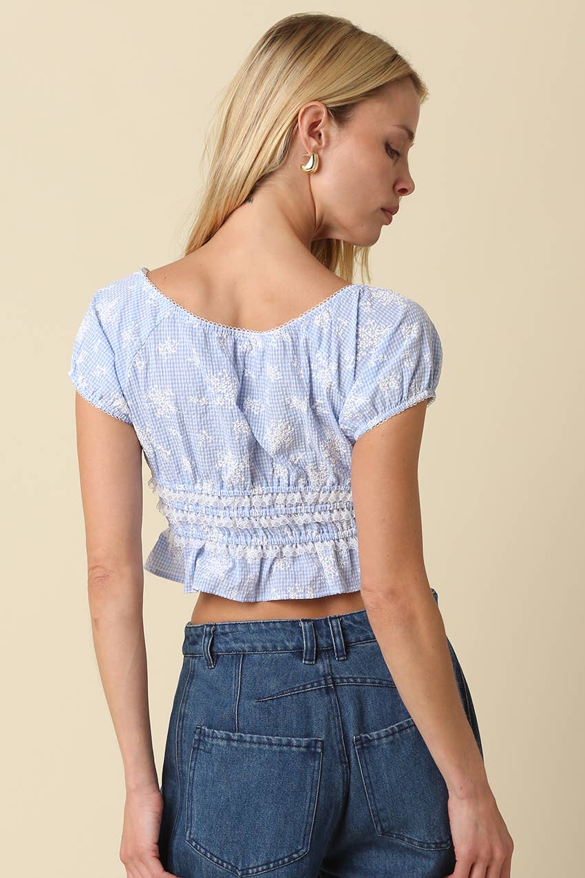 Blue Smocked Ruffle Crop Top