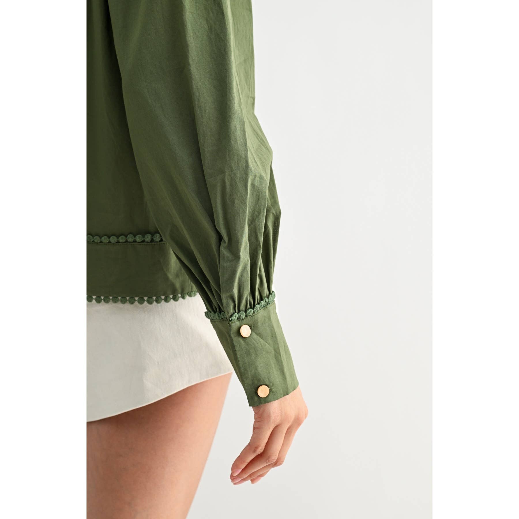 Green Puff Sleeve Embroidered Blouse