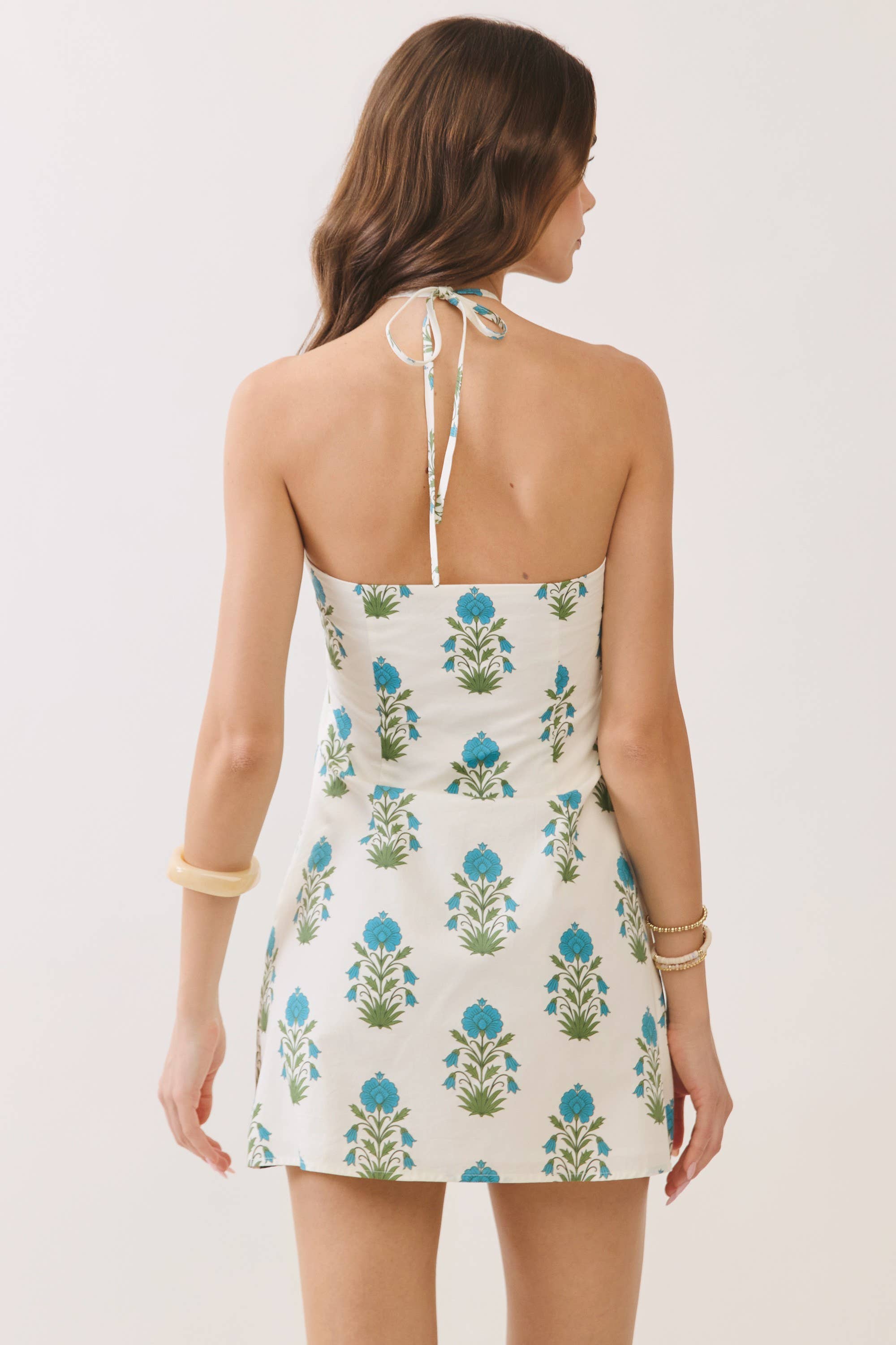 Cream Floral Halter Neck Mini Dress