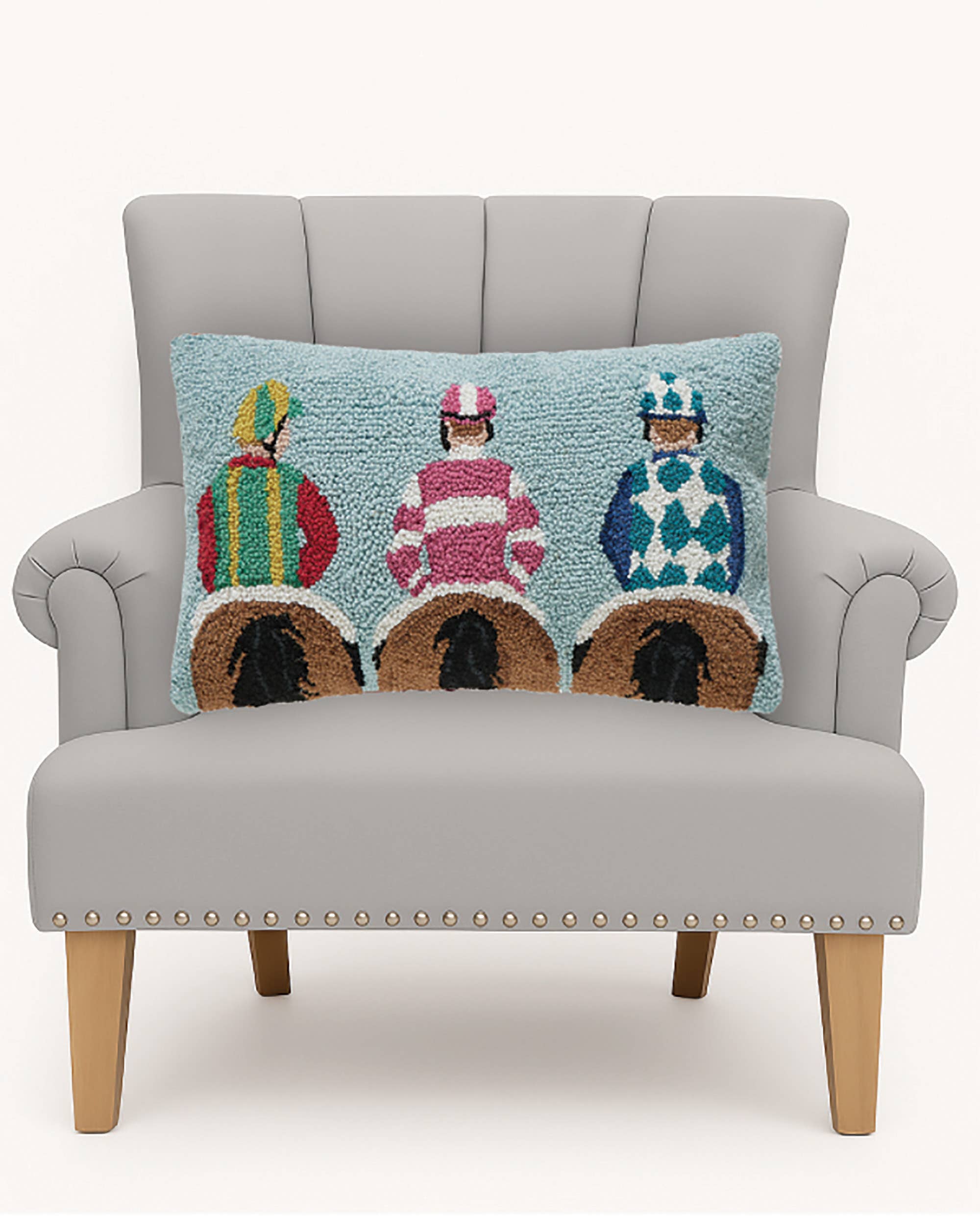 Light Blue Jockey On Horses Hook Pillow