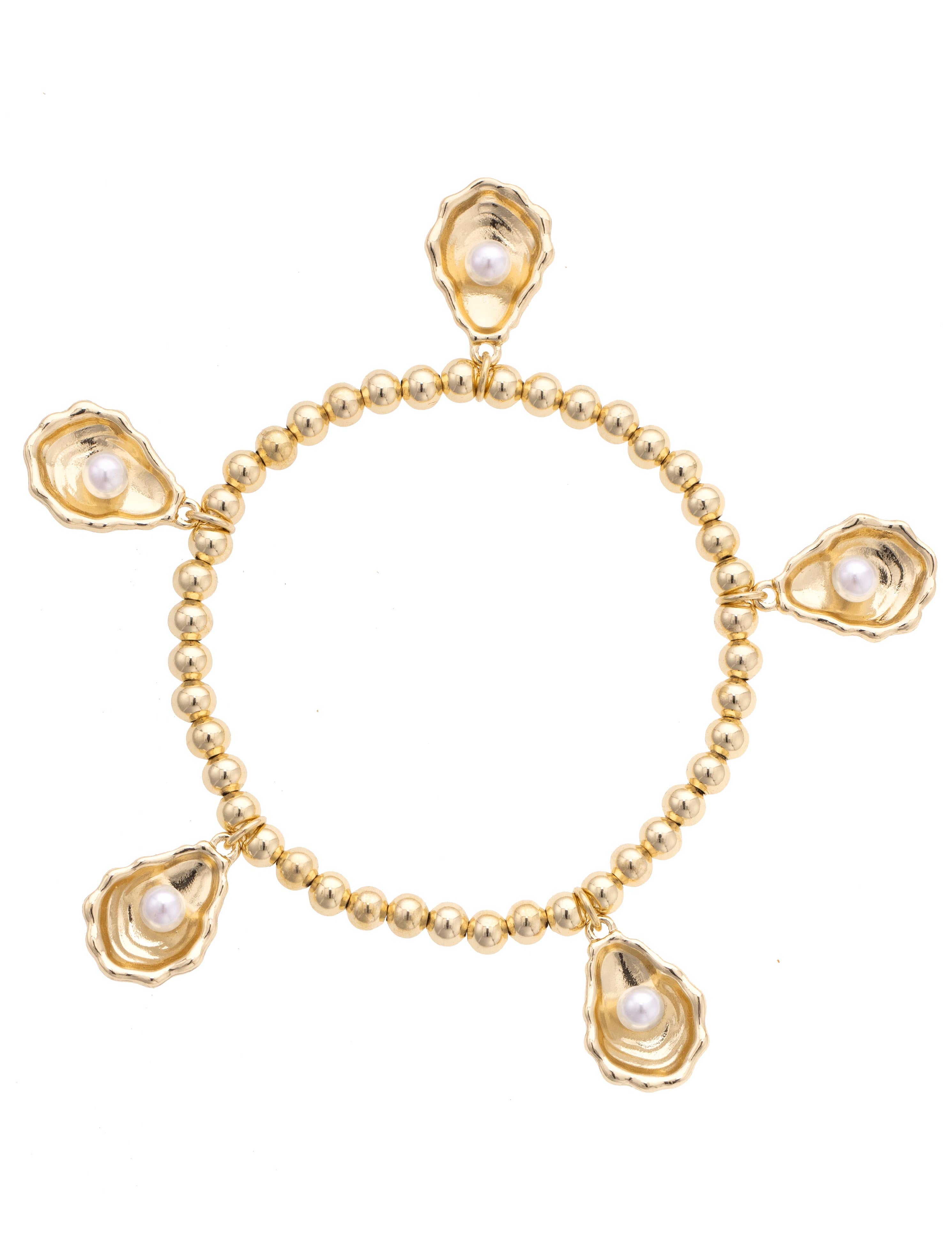Oyster & Pearl Stretch Bracelet in Shiny Gold
