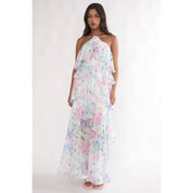 White Floral Halter Tiered Maxi Dress