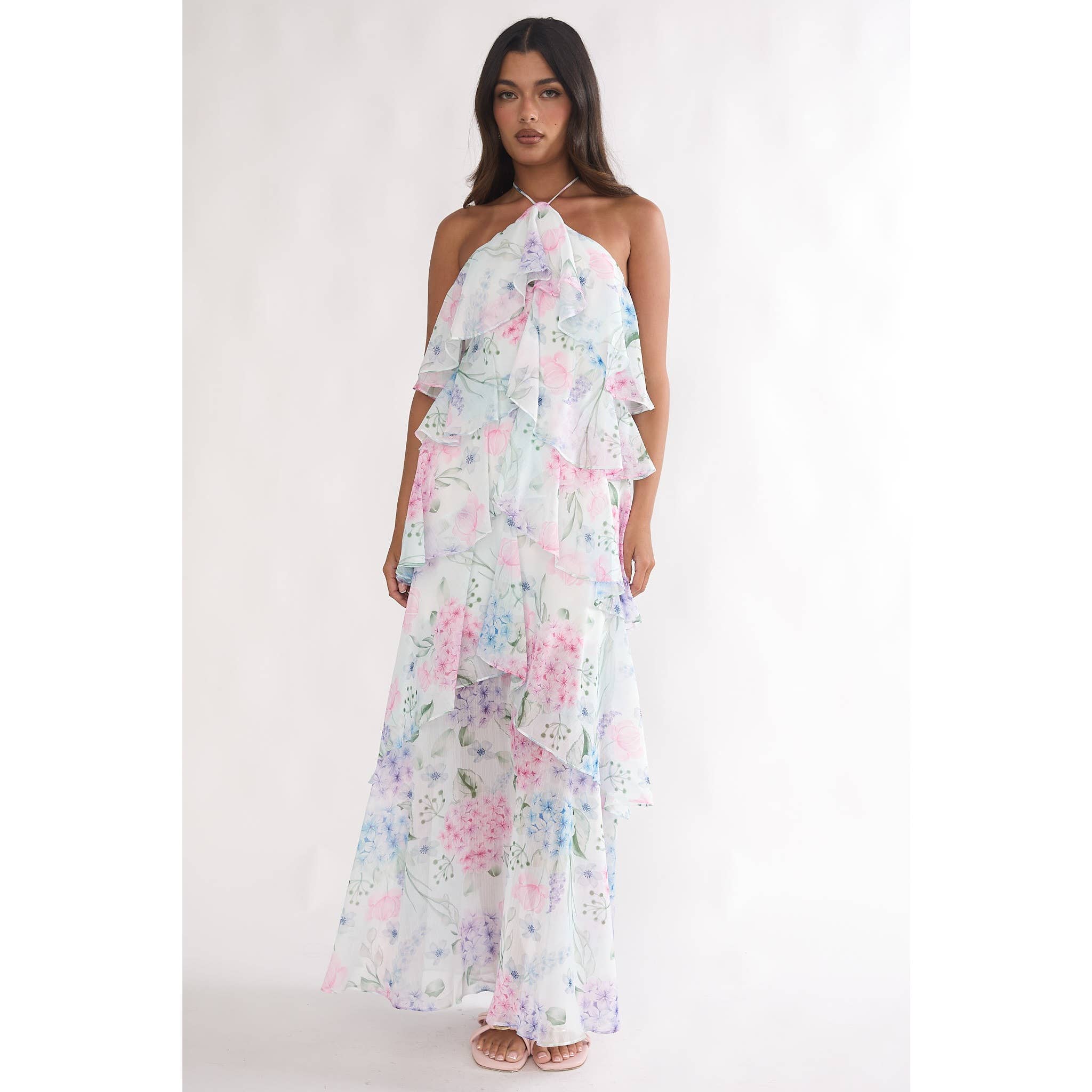 White Floral Halter Tiered Maxi Dress