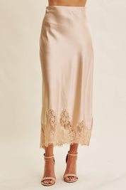 Champagne Lace and Satin Midi Skirt