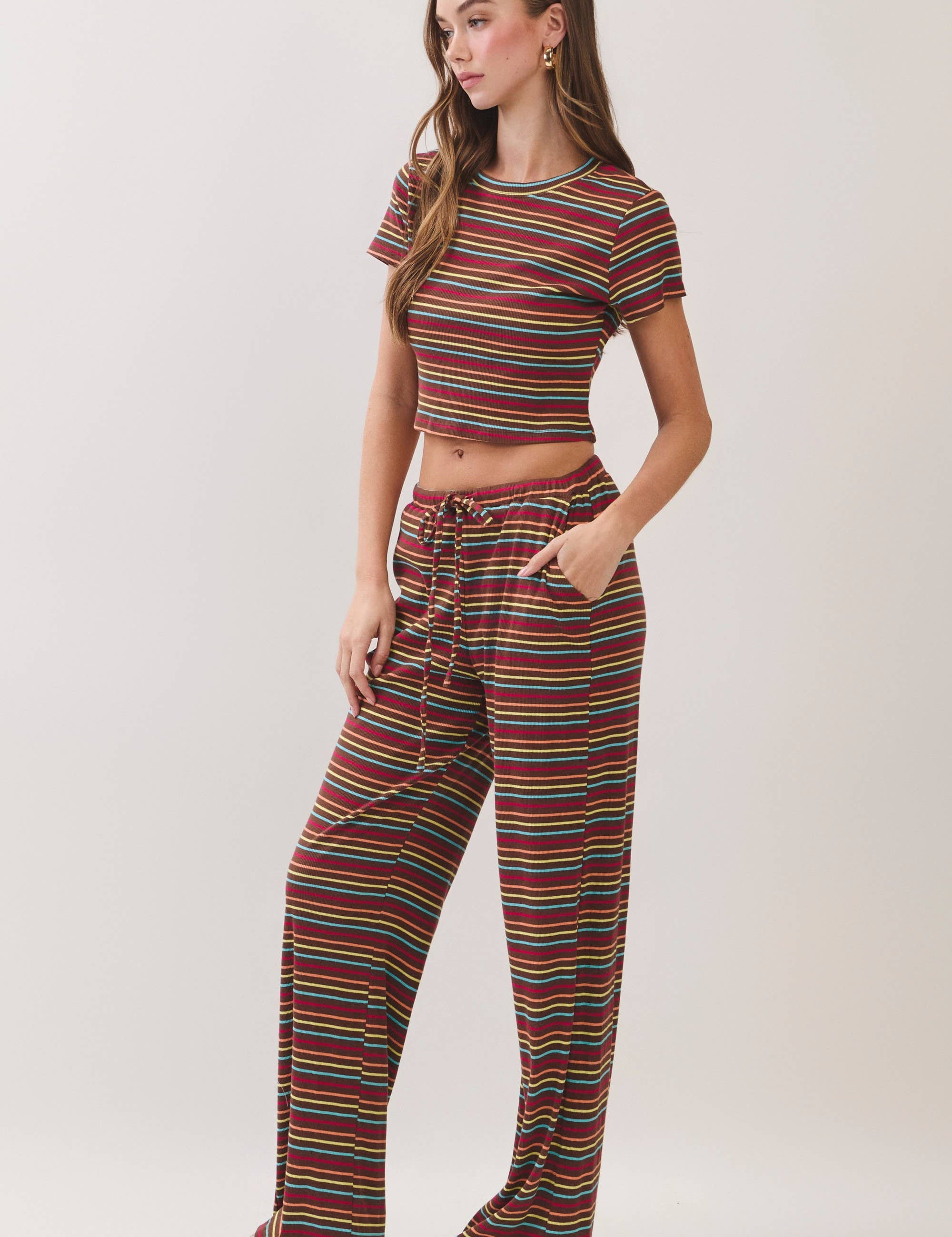 Brown Stripe Top & Pants Set showing cropped top