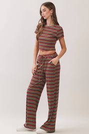 Brown Stripe Top & Pants Set showing cropped top